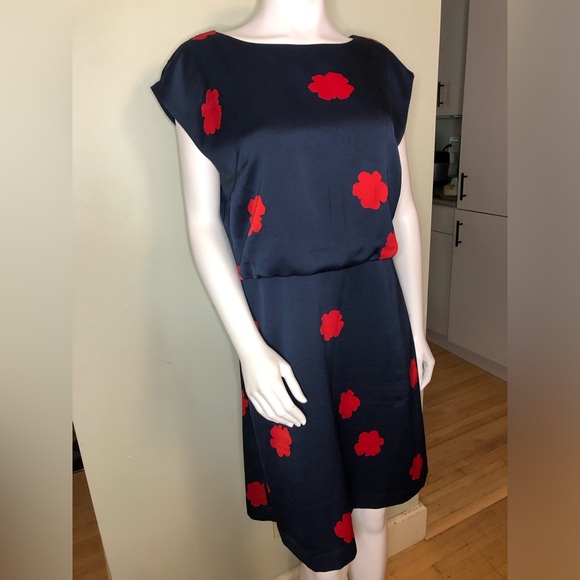 Banana Republic Lined Navy & Red Poppy Draped Back Dress - Picture 3 of 7